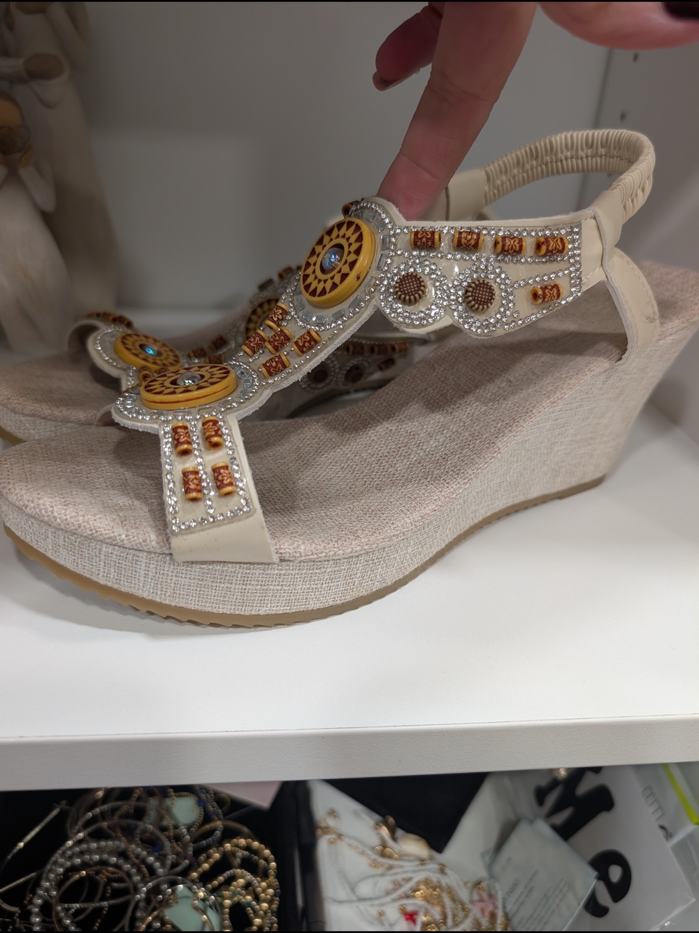 Beige Embellished Wedge Sandals with Jewel Accents